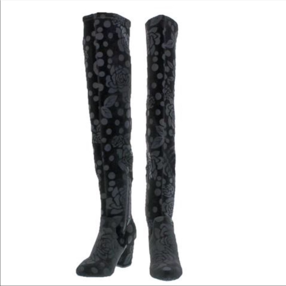 Moonlight Black Floral Velvet Over The Knee Boots - Picture 7 of 7